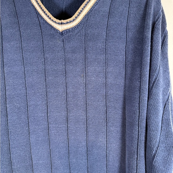 Vintage 90s Lee Sport Men’s XL Blue Ribbed V-Neck Sweater Striped Trim Preppy - Picture 7 of 7